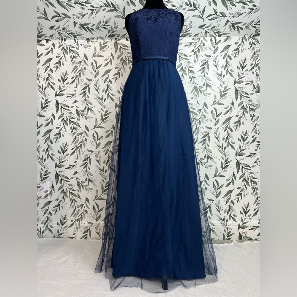 Elegant Dark Navy Lace Evening Maxi Gown A-Line Lace Tulle Prom Dress Sz XS 2 #6